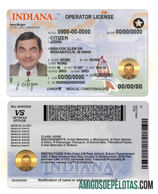 imprimível Modelo de carteira de motorista (operador) dos EUA Indiana (2019 - presente)